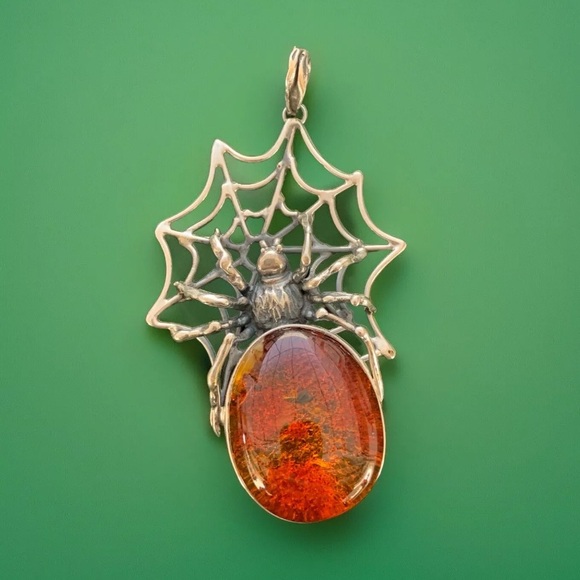 Handmade Jewelry - Sterling g silver spider pendant 925 spiderweb jewelry baltic amber gothic punk